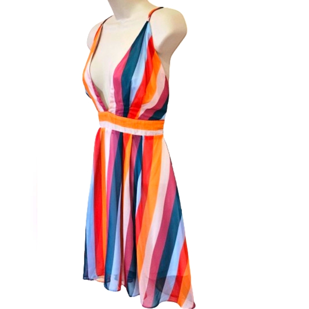 ESSUE Red/Orange Multi-Color Striped Deep Plunge Strappy Mini Dress,Large,NWT - Picture 4 of 16